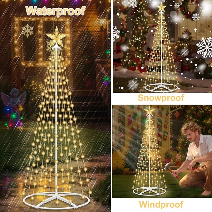 154LED Outdoor Solar Christmas Tree Lights, 4FT Lighted Artificial Cone Tree with Remote, 8 Modes, USB Charge, Timer & Waterproof Christmas Tree Decor for Garden Yard Patio, Warm White