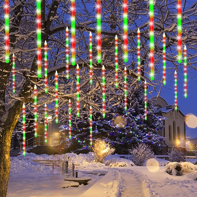 24 Tubes Meteor Shower Lights, Outdoor Icicles Christmas Decor, 12 Inch 864 LED Snow Falling Iciclelights, Connectable Raindrop, Xmas Wedding Party Tree Holiday, Red & Green