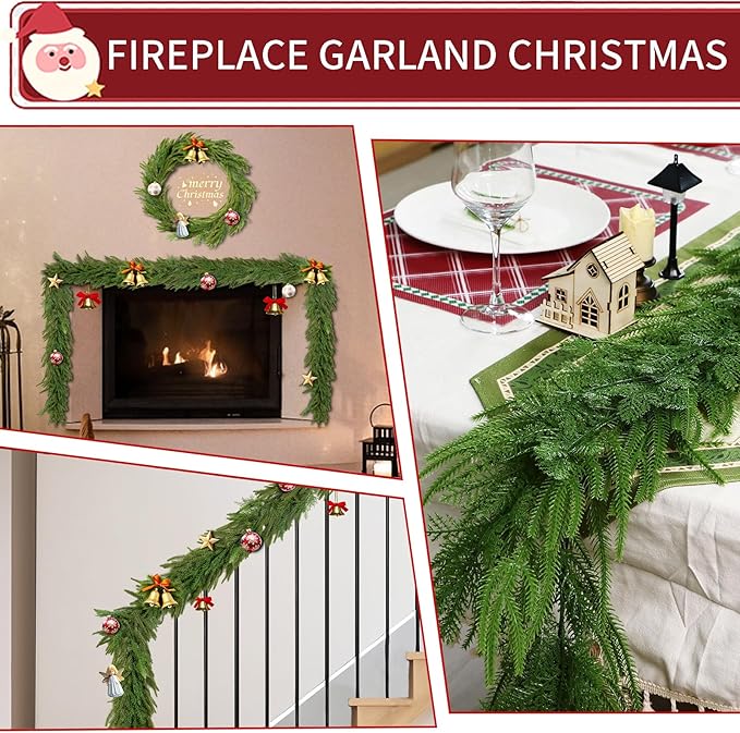 2 Pcs 6 Ft Artificial Norfolk Cedar Pine Garlands, Real Touch Winter Pine Garland, Green Artificial Greenery Garland for Table, Mantle, Wall, Indoor, Outdoor Christmas Decorations