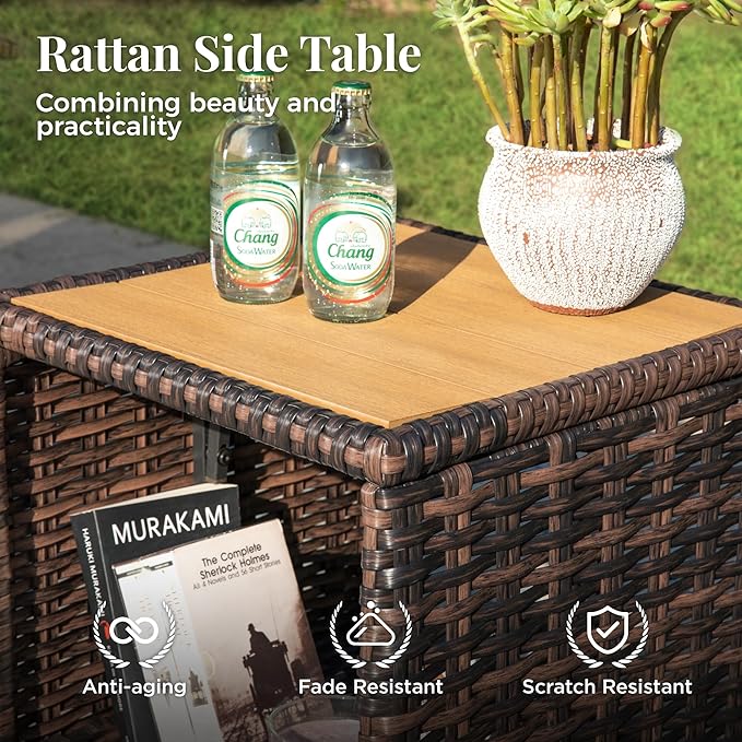 Outdoor Swivel Patio Chairs Set of 2 with Side Table, 3 Piece Wicker Highback Patio Bistro Set with Cushions for Deck Porch, Navy Blue