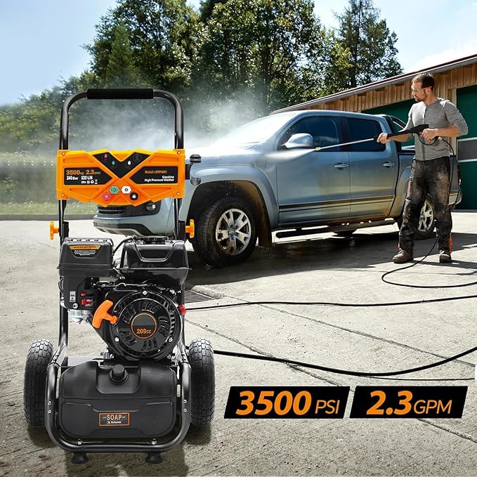 Gas Pressure Washer, 3500 PSI 2.3 GPM Power Washer with 209CC Engine, 4 Quick-Connect Nozzles, 25FT Hose, 3L Soap Tank, High Pressure Washer for Car, Driveway, Fence, Patio Cleaning, Orange