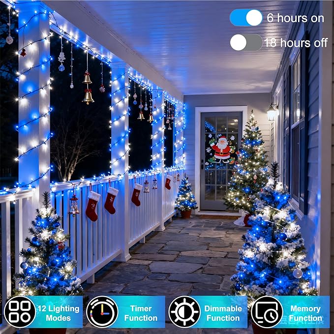 1500 LED 470FT Christmas String Lights Outdoor, 12 Pro Modes and Timer Memory & Brightness, Plug in Waterproof Dark Green Wire Twinkle Light for for Xmas Yard Tree Wedding Party Decor (Blue & White)