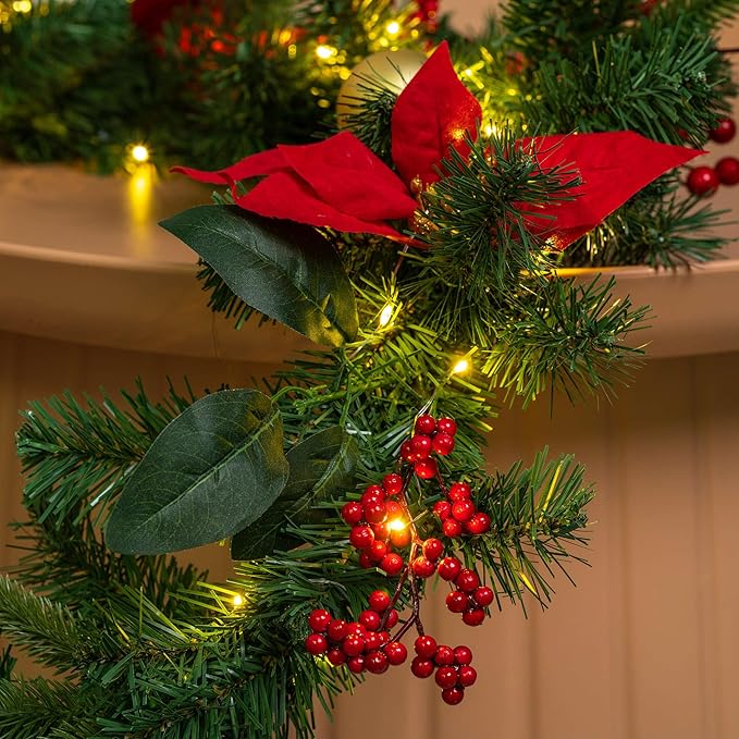 YULETIME 6 ft Lighted Christmas Garland, Battery Operated with 20 Fairy Lights Artificial Garland, Red Baubles, Berries, Poinsettia, Spruce Branches, Pine Needles