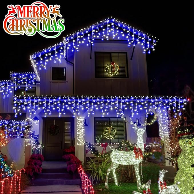 Christmas Lights Outdoor, 2 Pack Total 98FT 960 LED Ice Lights for Outside with 180 Drops 8 Modes Timer Memory, Plug in Waterproof for Holiday Eaves Yard Roof Party Decor (Blue and Cool White)