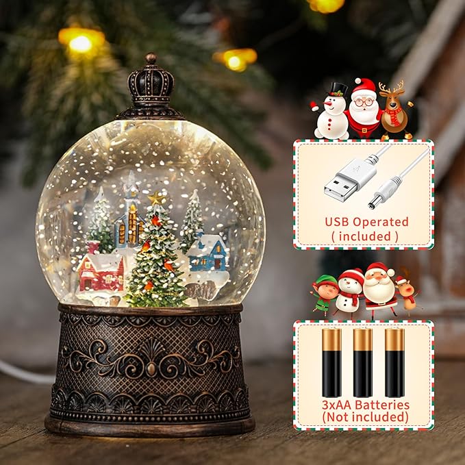 Snow Globe with Christmas Tree & Village, Light Up Christmas Snow Globes with Music Timer - USB Plug or Battery Operated Glitter Globe Indoor Christmas Decorations