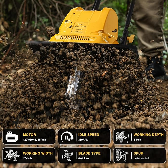 Garden Rototiller 17-Inch 15-Amp Corded Electric Tiller/Cultivator, Adjustable Wheels, 8-Inch Tilling Depth Tiller