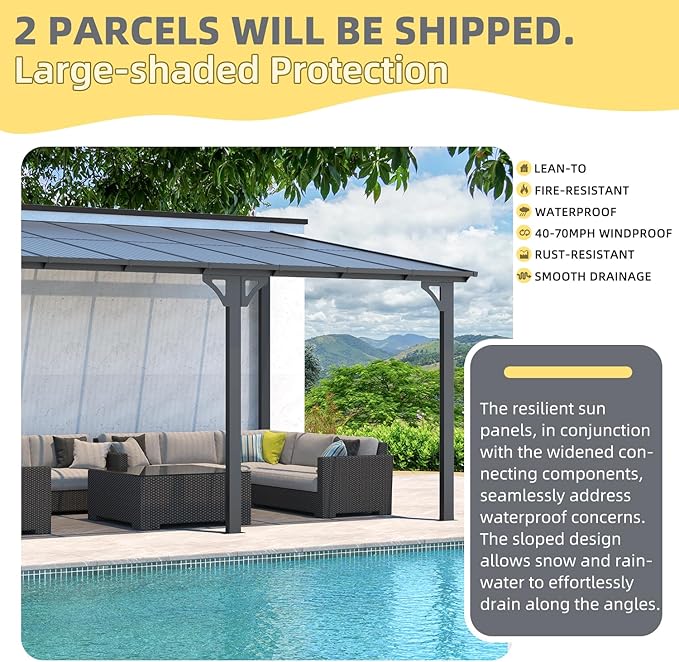 U-MAX 10' x 14' Outdoor Lean to Gazebo, Wall-Mounted Pergolas & Gazebos Clearance, Metal Awnings Gazebos on Clearance for Patio, Large Panel Roof 14x10 Gazebo for Outside Use