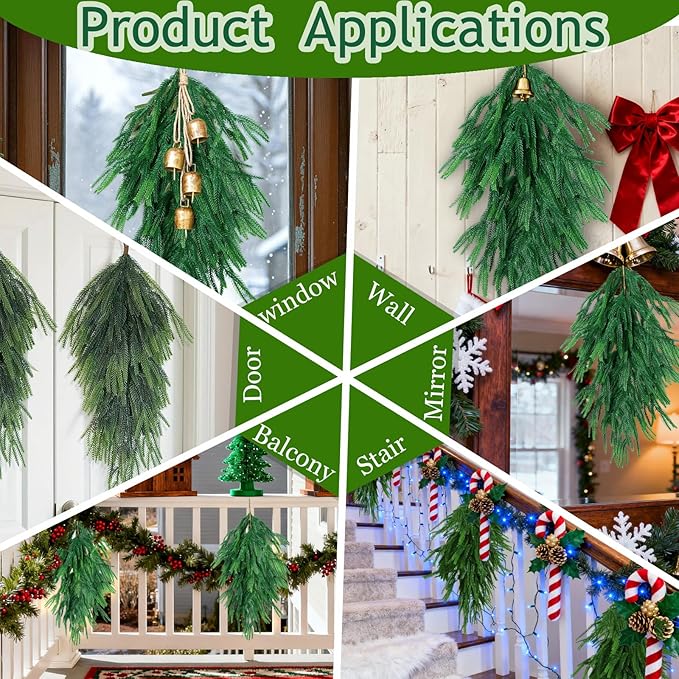 Grever 2 Pcs Artificial Christmas Swag, 28 Inch Faux Teardrop Norfolk Swag Real Touch Fake Pine Needles for Indoor and Outdoor Fireplace, Mantle, Door, Windows, Table, Stairs, Wall and Holiday Decor