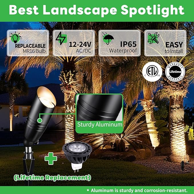 Low Voltage Spotlight, Black LED Landscape Lighting Tree Light, Outdoor 12V Waterproof Aluminum Uplight for Tree Yard Garden with 5W MR16 Bulb 5000K 4 Pack