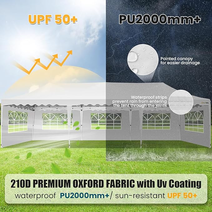 HOTEEL 10x30 Pop Up Canopy with 8 Sidewalls, UV 50+ and Waterproof 10×30 Party Tent, Thickened Frame, Large Space Easy Pop Up Canopy, Outdoor Tent for Weddings, Beaches, Parties, Patio (White)