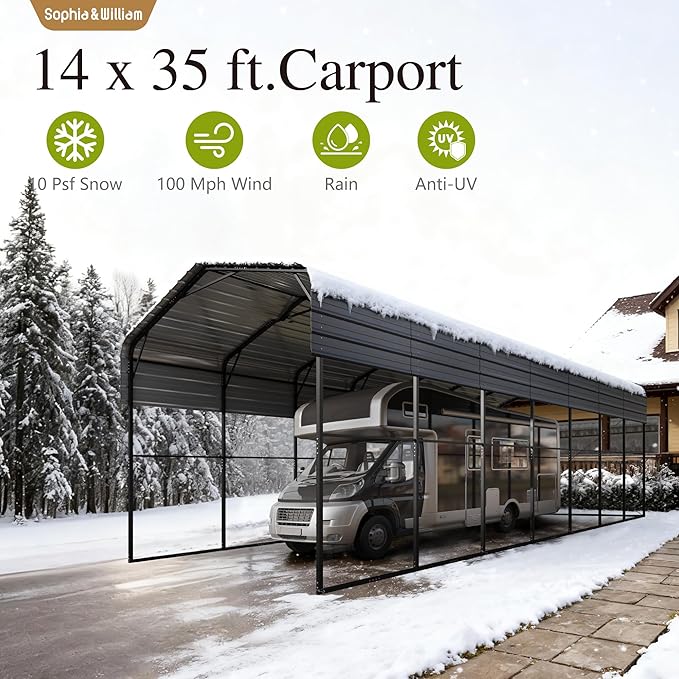 Sophia & William 14x35x13FT Heavy-Duty RV Carport Extra-Tall Shelter for Class A/B/C RVs, Trailers & More (Galvanized Steel Roof), Dark Grey