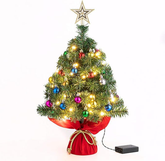 Sunnyglade 22Inch Tabletop Christmas Tree Mini Artificial Christmas Tree with 30 LED Lights & 24 Pcs Xmas Ball for Table Top Desk Classic Series Holiday Decoration (Green)