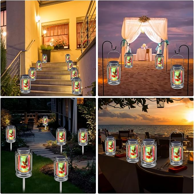 2 Pack Hummingbird Solar Outdoor Lanterns, Gifts for Women Mom Grandma, Vintage Glass Mason Jar Solar Fairy Lights, Waterproof Garden Lights for Patio Yard Lawn Tree Party Decor