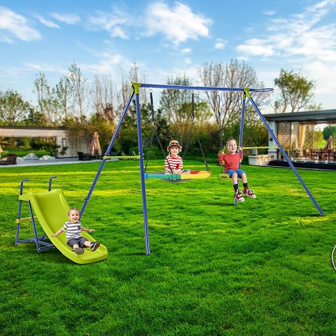 Costzon Swing Sets for Backyard, 4-in-1 Heavy Duty Large Metal Swing Frame w/2 Adjustable Swings, Slide, Basketball Hoop, Play Equipment for Indoor Outdoor, Gift for Kids