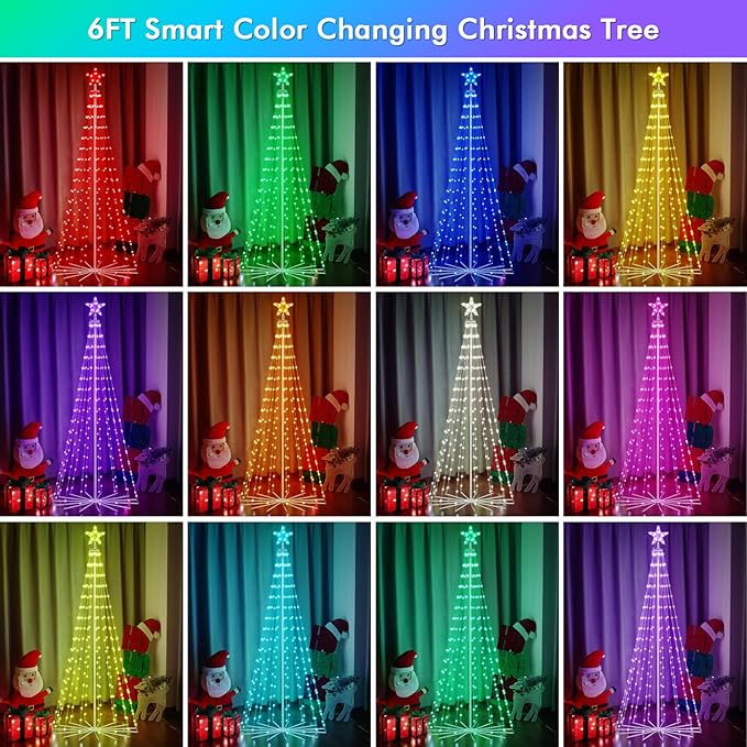 6FT Outdoor Christmas Tree, RGB Color Changing Pre-lit Smart Cone Christmas Tree with LED Lights, App&Remote Control, DIY Multi-Color Lightshow, Music Sync, Christmas New Year Decoration