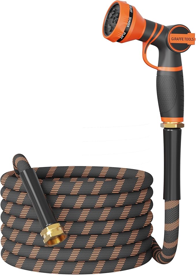 Giraffe Tools Non-Expandable Garden Hose 25FT 1/2¡± Lightweight Flexible Water Hoses Burst 600 psi with 9 Spray Function Nozzle Heavy Duty Hose