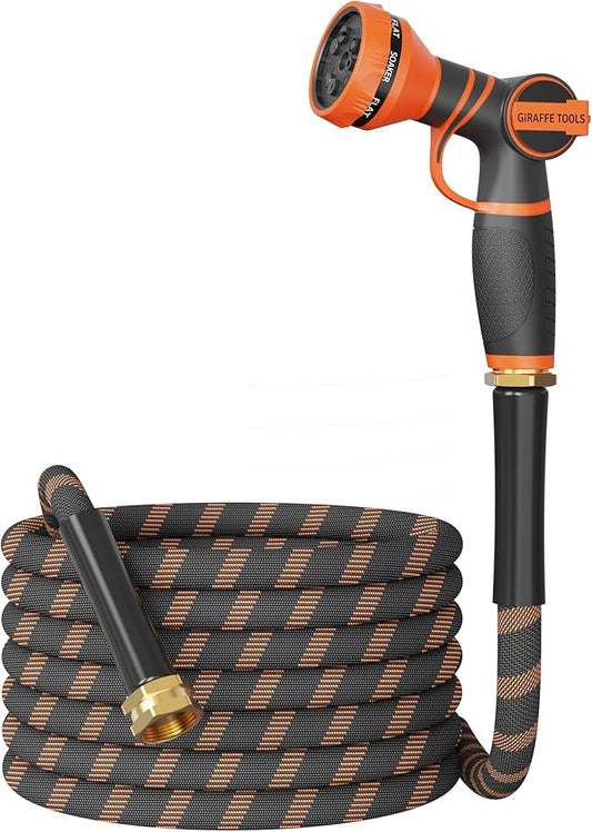 Giraffe Tools Non-Expandable Garden Hose 25FT 1/2¡± Lightweight Flexible Water Hoses Burst 600 psi with 9 Spray Function Nozzle Heavy Duty Hose