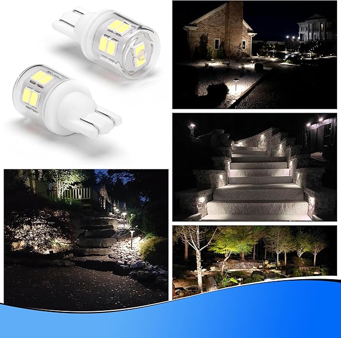 T5 T10 Wedge Base LED Landscape Lights, Daylight White 6000K Low Voltage AC/DC 12-24V, 2 Watts Equivalent 11W 18W Incandecent Bulbs for Camper RV Marine Boat Path Lawn Malibu Lighting, 6 Pack