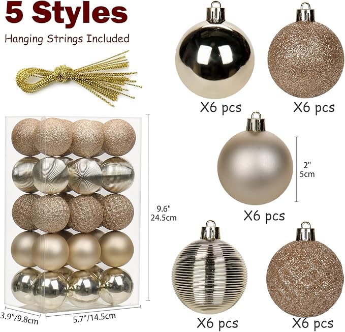 30PCS 2" Christmas Ball Ornaments Shatterproof Champagne Christmas Tree Decorations Xmas Tree Balls Halloween Ornaments Décor