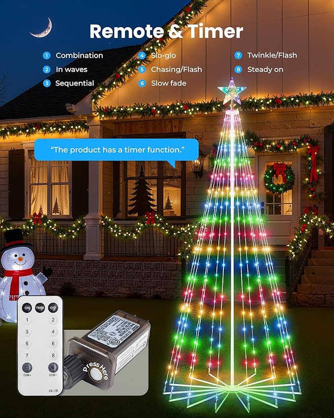 Christmas Cone Tree Light, 7ft 295 LED Light Show Christmas Tree with 8 Modes Timer Remote, Dimmable Artificial Christmas Tree for Porch Yard Patio Indoor Outdoor Xmas Holiday Decor, Multicolor