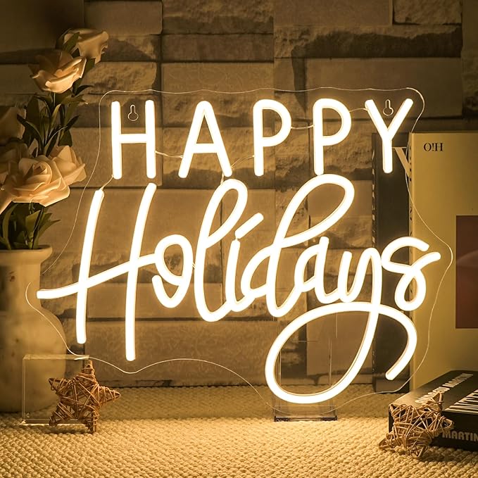 Horseneon Happy Holidays Neon Sign Merry Christmas Neon Signs for Wall Decor Christmas Tree Neon Light LED Sign with USB Powered for Party, Windows, Home Decor, Bedroom, Living room Warm