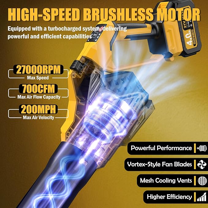 Cordless Leaf Blower 700CFM - Lightweight Handhold Brushless Battery Powered 21V Leaf Blower with 2 x 4.0Ah Batteries £¦ Charger & 3 x Tubes & 3 Speeds & Turbo Mode fo Leaves Dust Snow