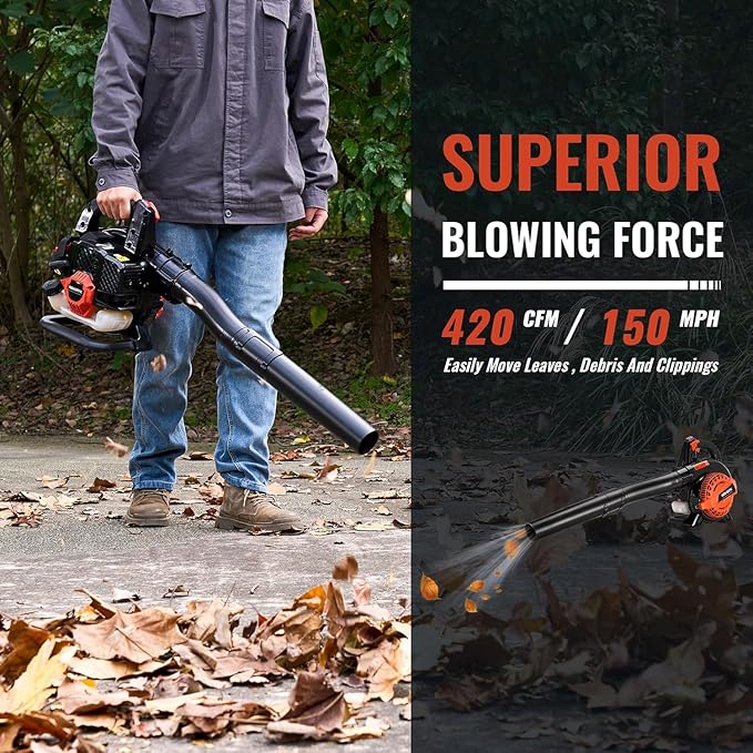 52cc Gas Backpack Leaf Blower, 2.1 HP Engine, High-Velocity 570 CFM, 250 MPH, Ergonomic Design, Low Vibration