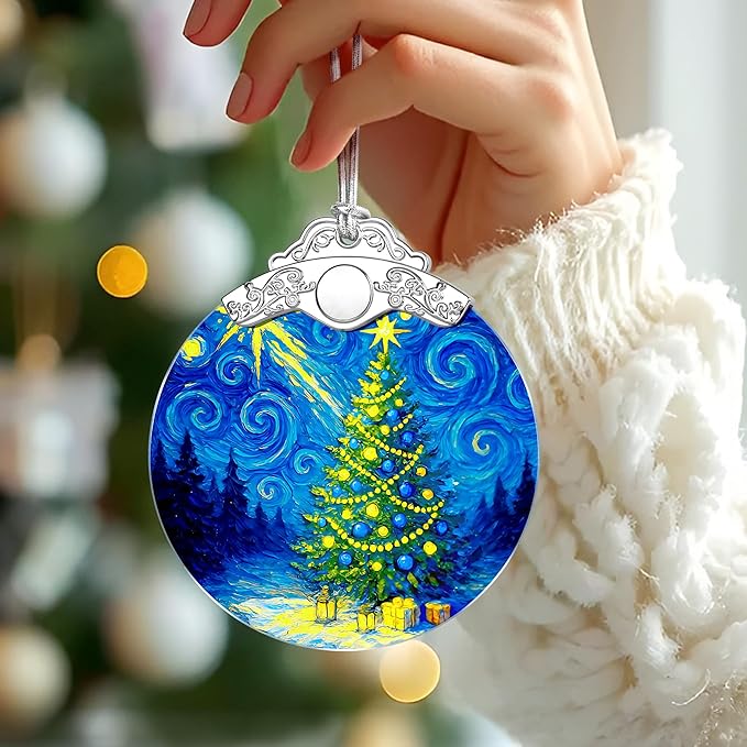 Starry Night Stained Glass Ornament, Christmas Ornaments – Christmas Tree Ornament, Holiday Decor, Xmas Stocking Stuffers, Gift Idea, Gifts for Art Lover, Coworker, Friend, and Family - Xmas Tree