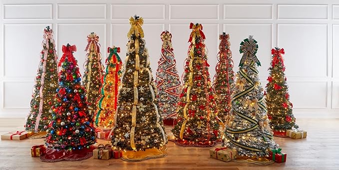 BrylaneHome 7.5 Ft Fully Decorated Pre-Lit Pop-Up Christmas Tree with 450 Warm Lights & Included Stand, Collapsible, Easy Assembly - Burgundy Gold