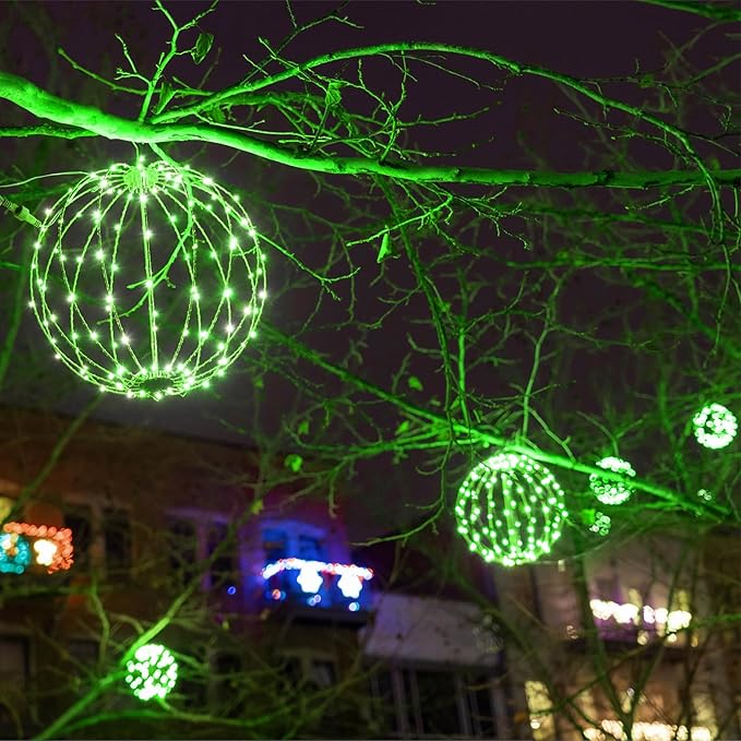 LED Light Ball Indoor-Outdoor Christmas Hanging Tree Globe Light Sphere, Fold Flat Metal Frame (12", White Frame/Green String Lights)