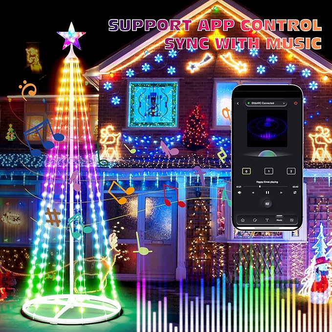 5FT+6FT+7.5FT Smart Cone Christmas Tree, Multicolor Prelit Outdoor Christmas Tree Lights, Music Sync, App & Remote Control, LED Light Show Tree for Indoor Outdoor Decorations