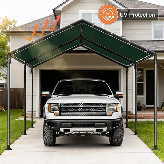10x20 Heavy Duty Carport, Outdoor Carport Shelter with Reinforced Frame and Stakes, Waterproof Garage Car Port Tent (Green)