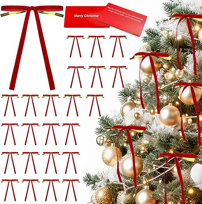 24 Pcs Velvet Bows for Christmas Tree Ribbon Bows for Home Tree Garland Wreath Indoor Rustic Crafts Gift Xmas Decorations Holiday Wedding Outdoor (Red)