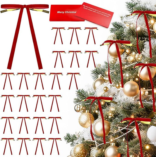 24 Pcs Velvet Bows for Christmas Tree Ribbon Bows for Home Tree Garland Wreath Indoor Rustic Crafts Gift Xmas Decorations Holiday Wedding Outdoor (Red)