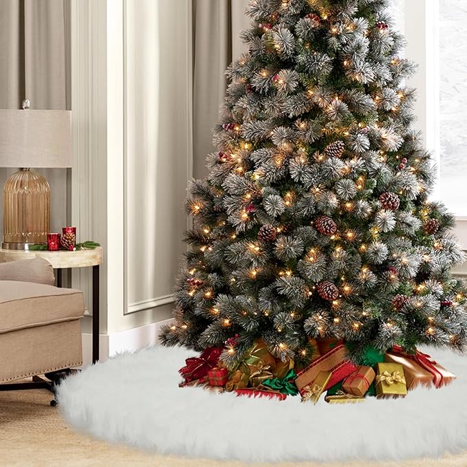 Christmas Tree Skirt, 60 Inch Christmas Decorations Tree Skirt, Faux Fur White Soft Long Thick Velvet Tree Rug, Large Vintage Tree Base Cover Round Mat for Merry Christmas Holiday Party