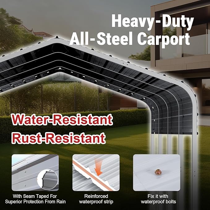 KoreJetMetal11x20FT Heavy-Duty Galvanized Metal Carport, All-Steel Car Ports Vehicle Shelter, Outdoor Car Canopy for Cars Trucks SUVs Boats RVs, Large Car Shed for Driveway Backyard Storage