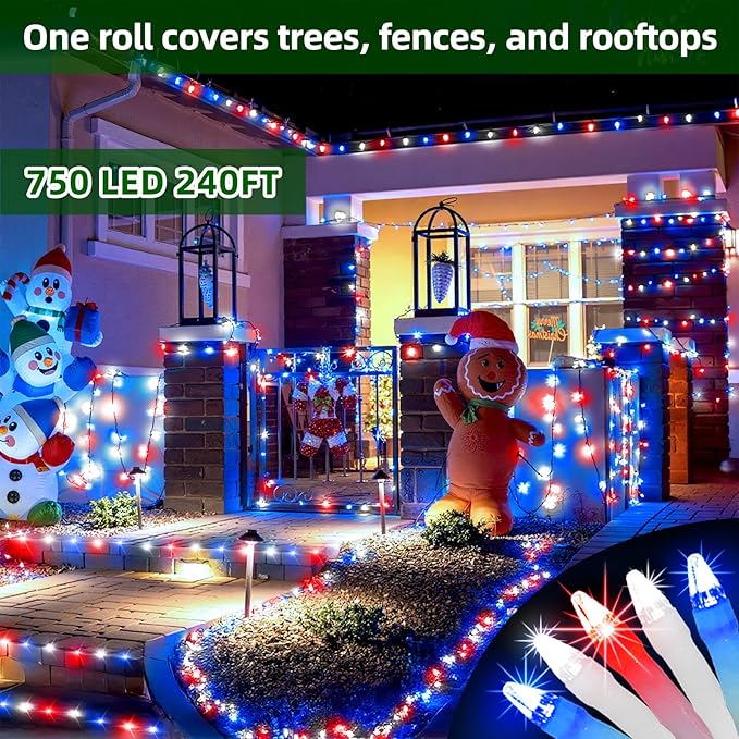 750 LED Chrstmas Lights, 240ft Outdoor Christmas String Lights with 12 Modes, Red White and Blue LED String Lights with Timer Dimmable Waterproof for Tree Fence Garden Xmas Wedding Party Decor