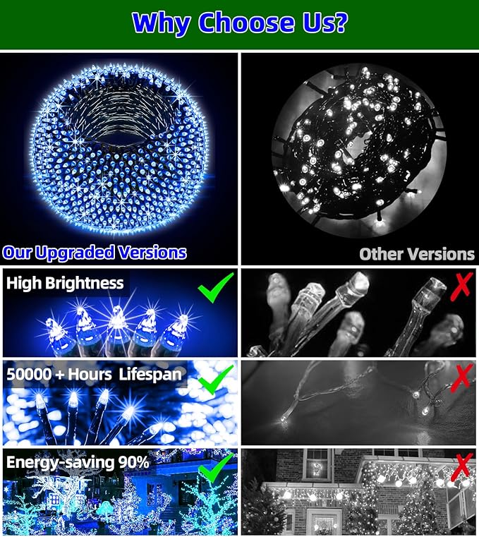 300LED Christmas Lights Outdoor Indoor Use, 12 Lighting Modes 75ft Christmas Tree Lights with Timer, Dimmable BlueLED StringLightsWaterproof for Yard Tree Wedding Party Holiday Decor Blue