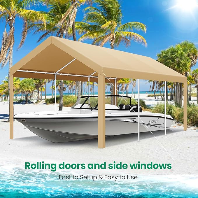 COBIZI Carports 10x20 Heavy Duty Canopy Car Garage with Windproof Ropes & Built-in Sandbags, Car Port Canopy Tent Waterproof & UV Protected for Car Boat Truck, Khaki