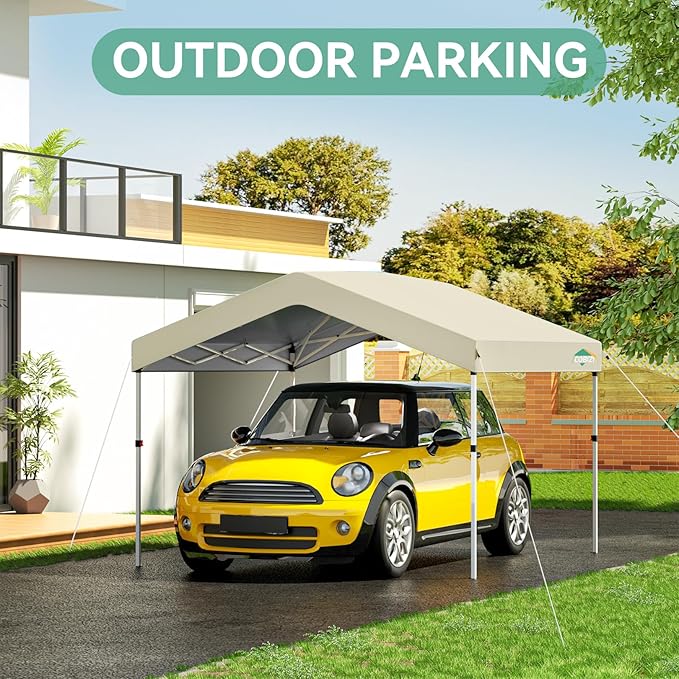 COBIZI 10x10 Pop Up Canopy with One Button Push Center Lock,Ez Up Portable Carport with 1 sidewall,Waterproof UV50+ Outdoor Party Commercial Carport Canopy Gazebos with Carry Bag(10 x 10 ft Khaki)