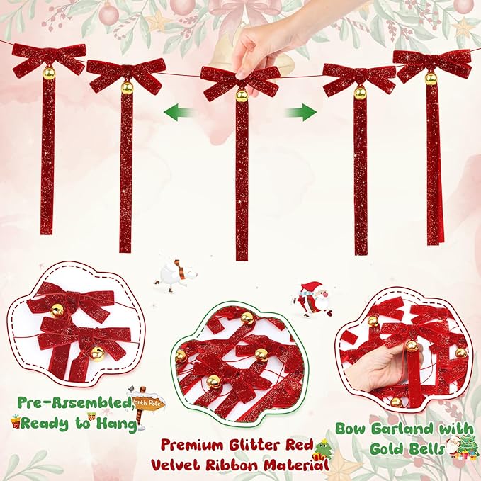Christmas Velvet Bow Garland Banner with Bells, Glitter Red Ribbon Bows Christmas Jingle Bell Garland Bow Banner Xmas Ornaments for Mantel Fireplace Table Wall Staircase Office Home Xmas Tree Decor