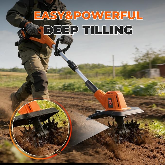 Cordless Electric Tiller Cultivator, 21V Battery Powered Garden Tiller with 2¡¿4.0Ah Batteries, 9¡È Tilling Width & 6.6¡È Depth, 360RPM 48 Rust-Resistant Blades for Soil & Gardening