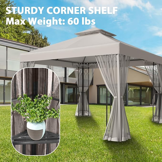 10x10 Outdoor Gazebo Tent with Netting and Corner Shelves, Double Roof Patio Gazebo with Soft Fabric Top, Outdoor Pavilion for Backyard Patio Garden Lawn, Beige