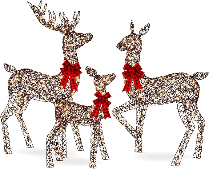 Best Choice Products 6.5ft 3-Piece Large Lighted Christmas Deer Family Set, Outdoor Yard Decoration with 385 LED Lights, Stakes, Zip Ties - Rattan