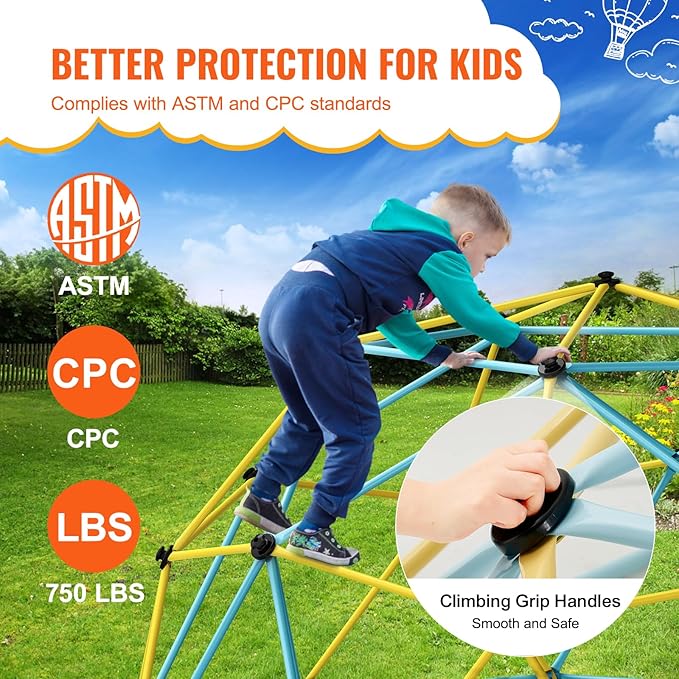 VEVOR Climbing Dome, 10FT Jungle Gym Play Center for Kids 3 to 10 Years Old, Geometric Dome Climber Supports 750LBS and Easy Assembly, with Climbing Grip, Outdoor Backyard Play Equipment for Kids