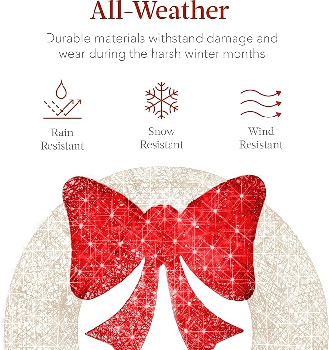 Best Choice Products 30in Pre-Lit Outdoor Christmas Wreath Decoration, LED Metal Holiday Decor for Home w/ 100 Lights, Bow - White/Red