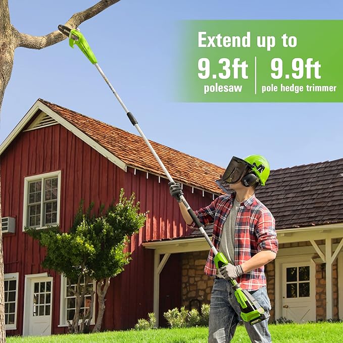 Greenworks 24V 8 Cordless Polesaw + 20 Pole Hedge Trimmer Combo (Great For Pruning and Trimming Branches / Shrubs), 2.0Ah Battery and Charger Included
