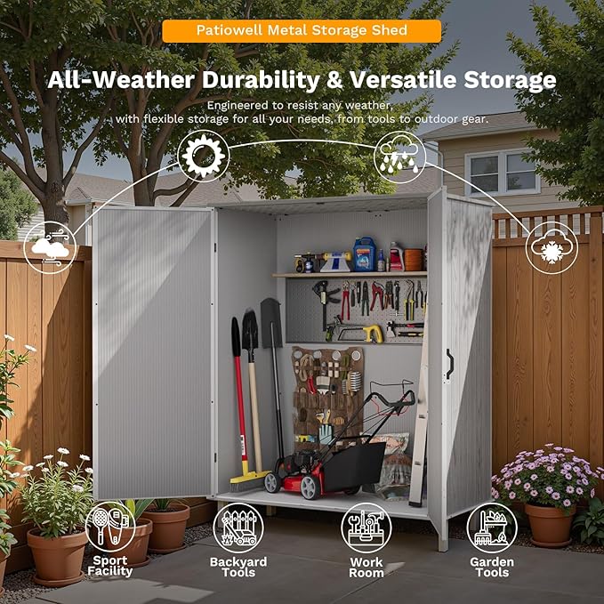 Patiowell 5x3 FT Outdoor Storage Shed with Floor, Plastic Vertical Storage Cabinet with Lockable Doors for Garden, Pool Storage, Tools and Patio Furnitrue Accessories, Light Gray(Fit-it Shed)