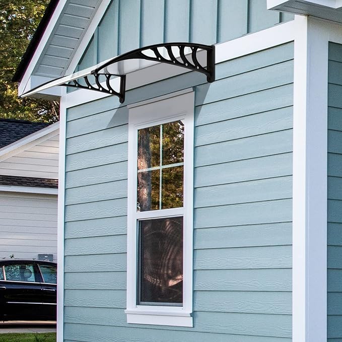 Window Awning Door Canopy Exterior- 32" x 40" Aluminum Door Awning, Polycarbonate Cover Patio Canopy Awning for House, Outside, Rain Snow & UV Resistant (Clear Board & Black Bracket)