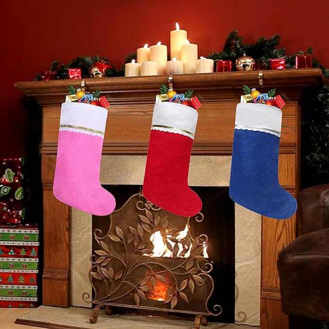 12Pack Felt Christmas Stockings, 19 Inches Pink and White Christmas Stockings Hanging Ornaments, White Cuff with Gold Trim Christmas Stockings for Family Christmas Holiday Decorations